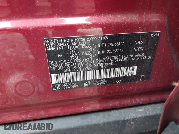 2019 Toyota RAV4 LE with VIN JTMH1RFV2KJ005625, listed as a IAAI auction lot 42187600 with 131,215 mi miles and . Bid and sale history available at DreamBid. Image 9.