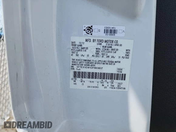2013 Ford F-150 XL с VIN 1FTEX1EM1DFB03837, выставлен на аукционе IAAI как лот 42654794 с пробегом 182 687 миль миль и . История ставок и продаж доступна на DreamBid. Изображение 4.