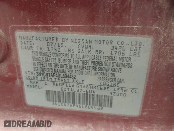2016 Nissan Versa S z VIN 3N1CN7AP4GL804482, wystawiony jako IAAI lot #42145411 z przebiegiem 140 780 mil mil oraz . Historia ofert i sprzedaży dostępna na DreamBid. Obrazek 9.