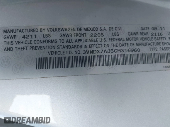 2012 Volkswagen Jetta SE with VIN 3VWDX7AJ5CM316960, listed as a IAAI auction lot 42134332 with 108,194 mi miles and . Bid and sale history available at DreamBid. Image 9.