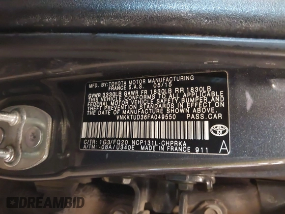 2015 Toyota Yaris L with VIN VNKKTUD36FA049550, listed as a IAAI auction lot 41671226 with 129,540 mi miles. Bid and sale history available at carsss.com. Image 9.