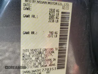 2015 Nissan Altima SV with VIN 1N4AL3AP2FC270353, listed as a Copart auction lot 53892255 with 170,990 mi miles and Clean Title. Bid and sale history available at DreamBid. Image 12.
