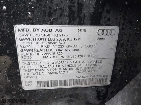 2018 Audi Q5 Premium Plus with VIN WA1BNAFY6J2228095, listed as a IAAI auction lot 41365264 with 75,191 mi miles. Bid and sale history available at carsss.com. Image 9.