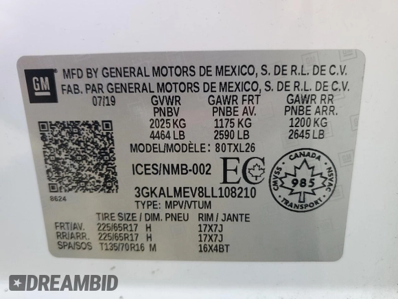 2020 GMC Terrain SLE z VIN 3GKALMEV8LL108210, wystawiony jako Copart lot #53311865 z przebiegiem 216 100 mil mil oraz Czysty tytuł • Clean title. Historia ofert i sprzedaży dostępna na DreamBid. Obrazek 13.