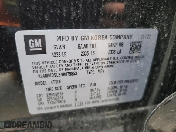 2022 Buick Encore GX Select with VIN KL4MMDSL3NB079853, listed as a Copart auction lot 53088545 with 34,135 mi miles and Salvage title. Bid and sale history available at DreamBid. Image 15.