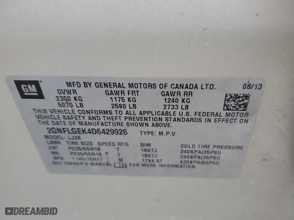 2013 Chevrolet Equinox LTZ with VIN 2GNFLGEK4D6429926, listed as a Copart auction lot 42283285 with 83,700 mi miles and Salvage Title. Bid and sale history available at carsss.com. Image 14.