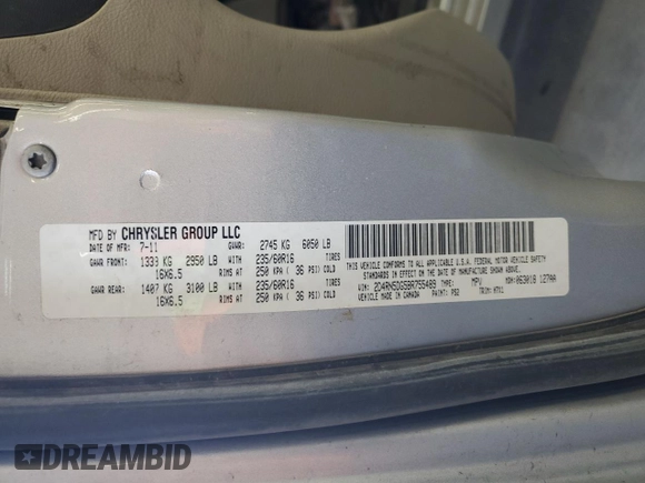 2011 Dodge Grand Caravan Crew with VIN 2D4RN5DG5BR755489, listed as a Copart auction lot 51074595 with 193,259 mi miles and Salvage Title. Bid and sale history available at DreamBid. Image 14.