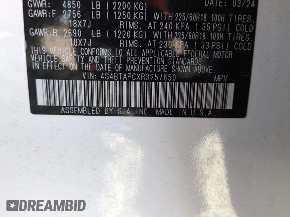 2024 Subaru Outback Touring with VIN 4S4BTAPCXR3257650, listed as a Copart auction lot 50429545 with 9,577 mi miles and Salvage title. Bid and sale history available at DreamBid. Image 13.