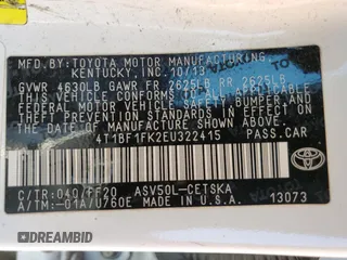 2014 Toyota Camry L with VIN 4T1BF1FK2EU322415, listed as a Copart auction lot 53624885 with 249,066 mi miles and Non Repairable. Bid and sale history available at carsss.com. Image 12.