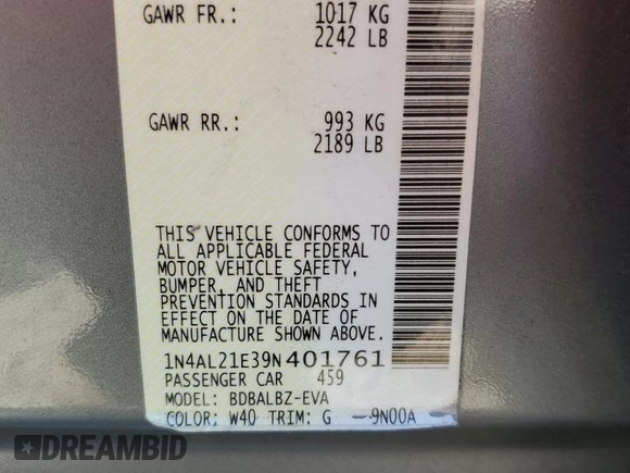2009 Nissan Altima 2.5 S with VIN 1N4AL21E39N401761, listed as a Copart auction lot 53838915 with 168,628 mi miles and Salvage Title. Bid and sale history available at carsss.com. Image 12.