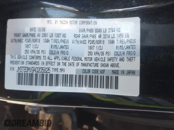 2010 Mazda CX-9 Touring with VIN JM3TB3MV9A0205825, listed as a IAAI auction lot 41040715 with 158,058 mi miles and . Bid and sale history available at DreamBid. Image 9.