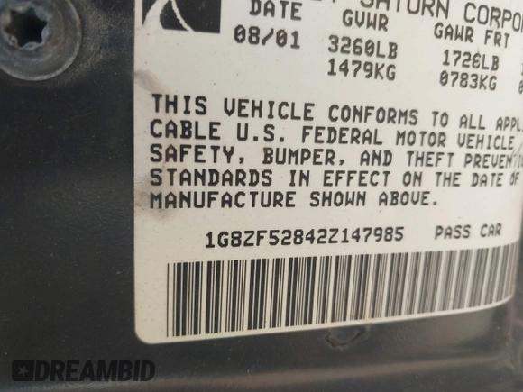 2002 Saturn SL with VIN 1G8ZF52842Z147985, listed as a IAAI auction lot 42601452 with 50,301 mi miles and . Bid and sale history available at DreamBid. Image 9.