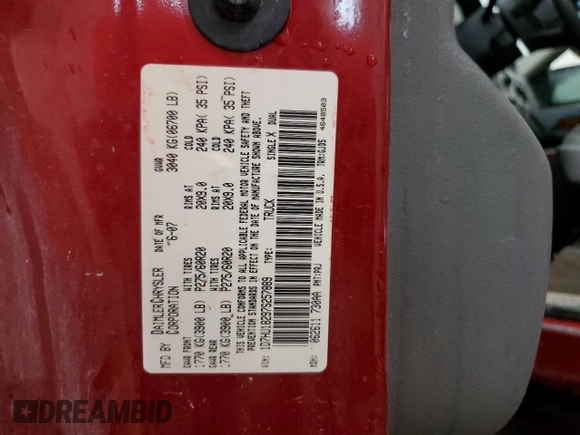 2007 Dodge 1500 SLT with VIN 1D7HU18297S257889, listed as a Copart auction lot 54304465 with 179,497 mi miles and Clean Title. Bid and sale history available at DreamBid. Image 12.