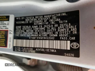 2015 Toyota Camry XLE with VIN 4T4BF1FK6FR453502, listed as a Copart auction lot 53556835 with 293,917 mi miles and Clean Title. Bid and sale history available at carsss.com. Image 12.