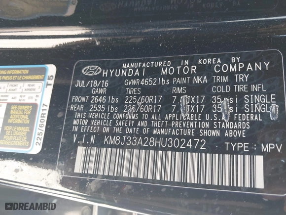 2017 Hyundai Tucson Value with VIN KM8J33A28HU302472, listed as a IAAI auction lot 41717598 with 126,438 mi miles. Bid and sale history available at carsss.com. Image 9.