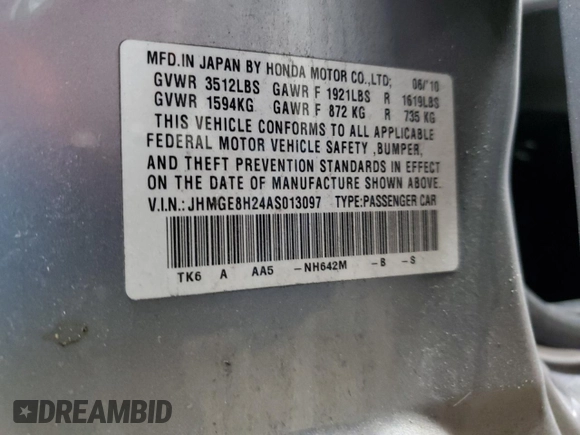 2010 Honda Fit with VIN JHMGE8H24AS013097, listed as a Copart auction lot 53167225 with 151,589 mi miles and Salvage Title. Bid and sale history available at carsss.com. Image 12.