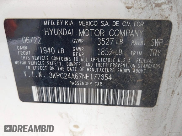 2022 Hyundai Accent SE with VIN 3KPC24A67NE177354, listed as a IAAI auction lot 42255732 with 30,969 mi miles and . Bid and sale history available at DreamBid. Image 9.