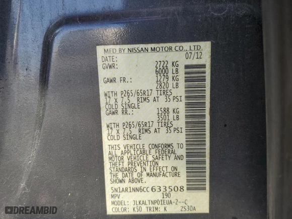 2012 Nissan Pathfinder LE with VIN 5N1AR1NN6CC633508, listed as a Copart auction lot 48393095 with 0 mi miles and Salvage Title. Bid and sale history available at carsss.com. Image 13.