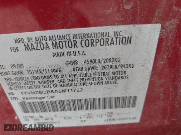 2010 Mazda 6 S Grand Touring with VIN 1YVHZ8CB5A5M11722, listed as a IAAI auction lot 42087531 with 207,359 mi miles and . Bid and sale history available at DreamBid. Image 9.