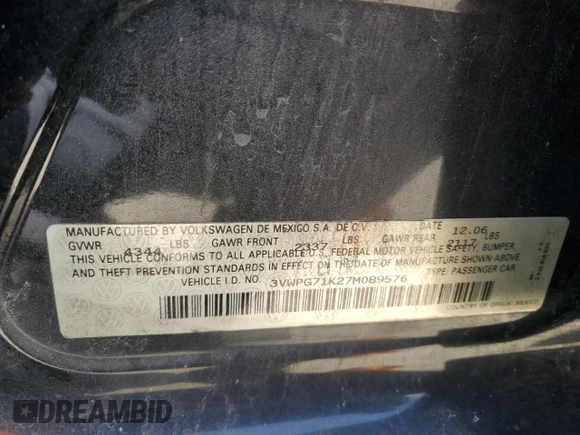 2007 Volkswagen Jetta 2.5 with VIN 3VWPG71K27M089576, listed as a Copart auction lot 47395725 with 104,925 mi miles and Salvage title. Bid and sale history available at DreamBid. Image 12.