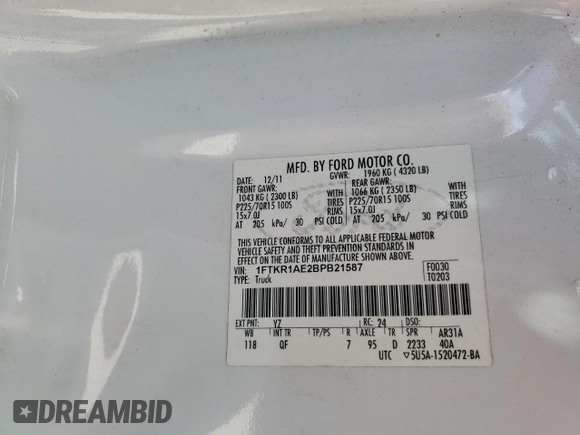 2011 Ford Ranger XL z VIN 1FTKR1AE2BPB21587, wystawiony jako Copart lot #72636054 z przebiegiem 29 675 mil mil oraz Szkoda całkowita • Salvage title. Historia ofert i sprzedaży dostępna na DreamBid. Obrazek 13.