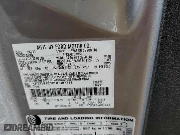 2011 Ford F-150 XLT with VIN 1FTFW1ET0BFB87788, listed as a Copart auction lot 45514555 with 242,065 mi miles and Salvage Title. Bid and sale history available at carsss.com. Image 12.