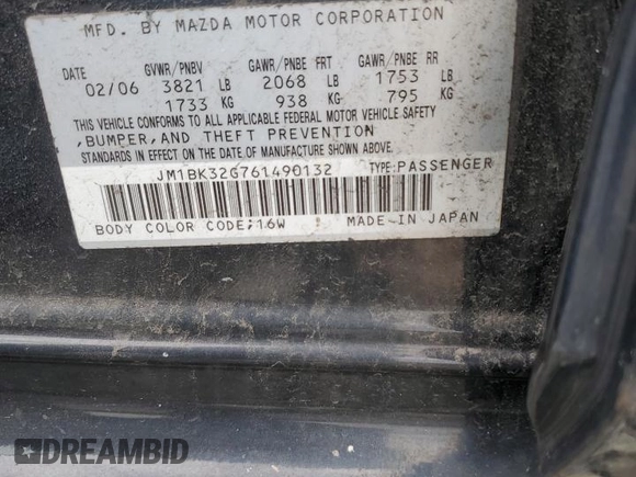 2006 Mazda 3 i Touring with VIN JM1BK32G761490132, listed as a Copart auction lot 52937645 with 146,299 mi miles and Salvage Title. Bid and sale history available at DreamBid. Image 14.