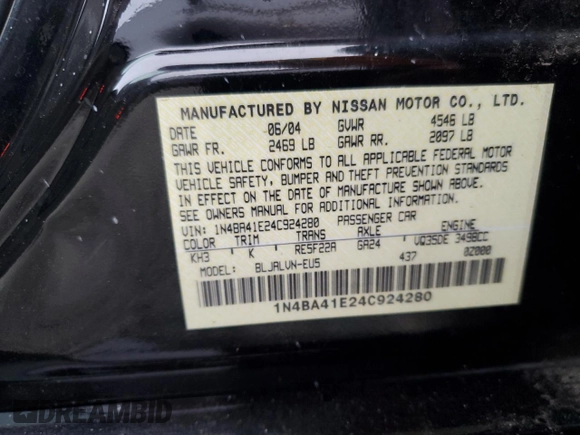 2004 Nissan Maxima SL with VIN 1N4BA41E24C924280, listed as a Copart auction lot 81564284 with 30,679 mi miles and Salvage Title. Bid and sale history available at DreamBid. Image 13.