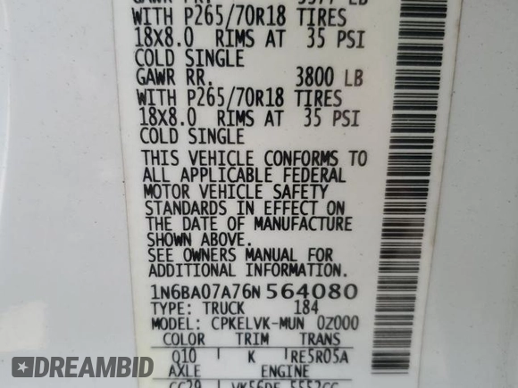 2006 Nissan Titan LE с VIN 1N6BA07A76N564080, выставлен на аукционе Copart как лот 55979155 с пробегом 104 095 миль миль и Чистый • Clean title. История ставок и продаж доступна на DreamBid. Изображение 13.