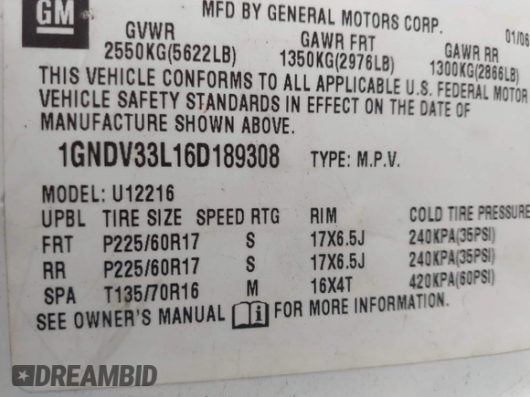 2006 Chevrolet Uplander 3LT with VIN 1GNDV33L16D189308, listed as a IAAI auction lot 42160230 with 154,557 mi miles and . Bid and sale history available at DreamBid. Image 9.