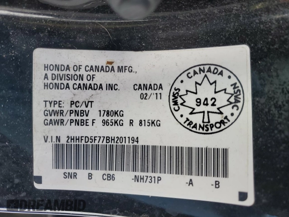 2011 Acura CSX Technology z VIN 2HHFD5F77BH201194, wystawiony jako Copart lot #41880815 z przebiegiem Nie podano mil oraz Szkoda całkowita • Salvage title. Historia ofert i sprzedaży dostępna na DreamBid. Obrazek 13.
