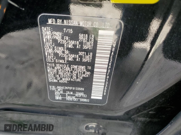 2015 Nissan Quest S with VIN JN8AE2KP0F9133569, listed as a Copart auction lot 62696234 with 150,930 mi miles and Salvage Title. Bid and sale history available at carsss.com. Image 13.