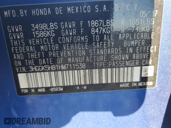 2017 Honda Fit EX-L с VIN 3HGGK5H81HM711538, выставлен на аукционе Copart как лот 47871005 с пробегом 47 335 миль миль и Списание • Salvage title. История ставок и продаж доступна на DreamBid. Изображение 13.