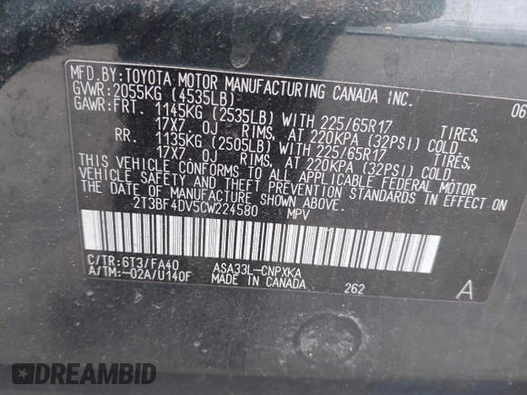 2012 Toyota RAV4 with VIN 2T3BF4DV5CW224580, listed as a IAAI auction lot 42086898 with 102,905 mi miles. Bid and sale history available at carsss.com. Image 9.