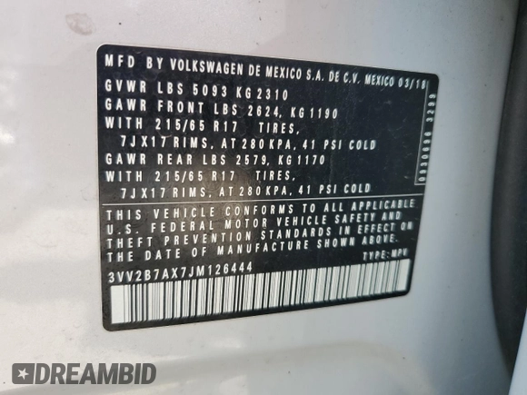 2018 Volkswagen Tiguan SEL z VIN 3VV2B7AX7JM126444, wystawiony jako Copart lot #61574485 z przebiegiem 86 720 mil mil oraz Szkoda całkowita • Salvage title. Historia ofert i sprzedaży dostępna na DreamBid. Obrazek 13.