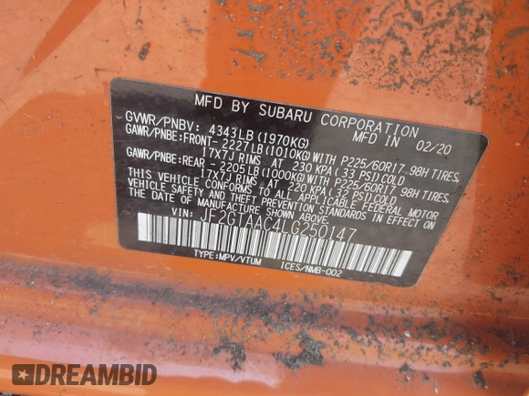 2020 Subaru Crosstrek with VIN JF2GTAAC4LG250147, listed as a IAAI auction lot 42644811 with 104,709 mi miles and . Bid and sale history available at DreamBid. Image 9.