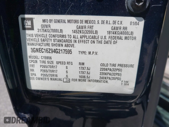 2004 Chevrolet Suburban LS with VIN 3GNEC16Z94G217595, listed as a IAAI auction lot 42566525 with 289,632 mi miles and . Bid and sale history available at DreamBid. Image 9.