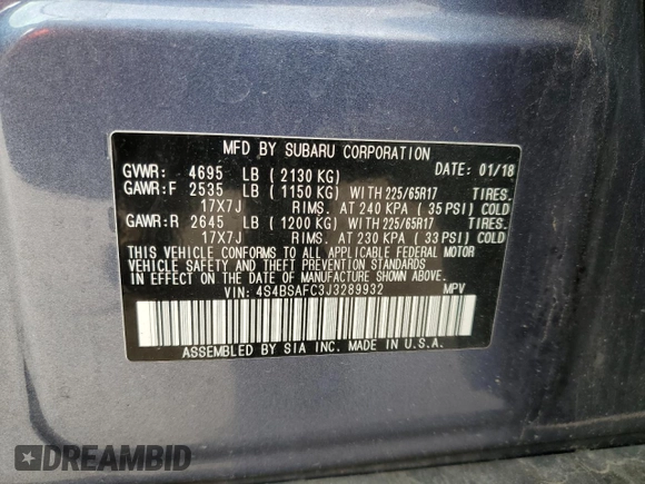 2018 Subaru Outback Premium with VIN 4S4BSAFC3J3289932, listed as a Copart auction lot 62462725 with 54,364 mi miles and Salvage title. Bid and sale history available at DreamBid. Image 12.