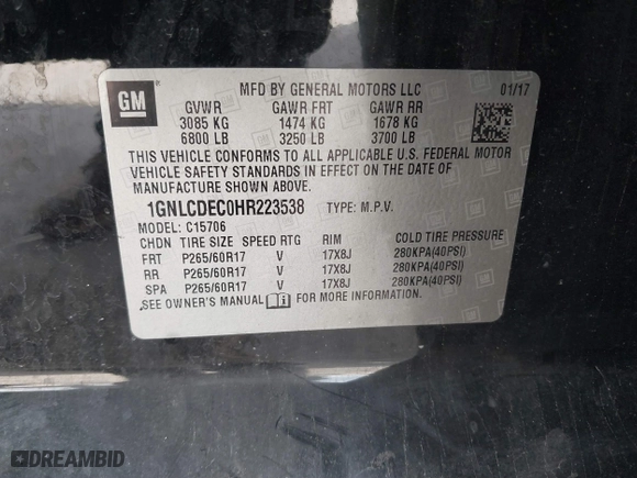 2017 Chevrolet Tahoe Commercial with VIN 1GNLCDEC0HR223538, listed as a IAAI auction lot 41501555 with 105,031 mi miles. Bid and sale history available at carsss.com. Image 9.
