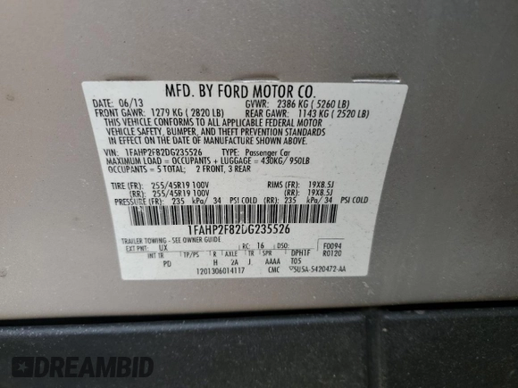 2013 Ford Taurus Limited with VIN 1FAHP2F82DG235526, listed as a Copart auction lot 52051365 with 106,459 mi miles and Salvage Title. Bid and sale history available at DreamBid. Image 12.