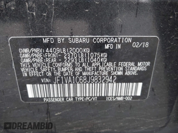 2018 Subaru WRX Premium with VIN JF1VA1C68J9832942, listed as a IAAI auction lot 42266390 with 104,946 mi miles and . Bid and sale history available at DreamBid. Image 9.