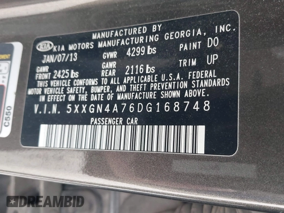 2013 Kia Optima EX with VIN 5XXGN4A76DG168748, listed as a IAAI auction lot 42026103 with 179,142 mi miles. Bid and sale history available at carsss.com. Image 9.