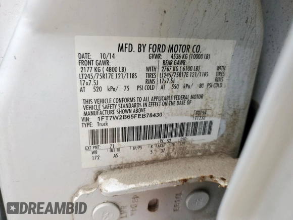 2015 Ford F-250 Lariat with VIN 1FT7W2B65FEB78430, listed as a Copart auction lot 60840485 with 158,119 mi miles and Salvage title. Bid and sale history available at DreamBid. Image 12.