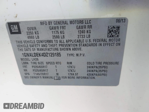 2013 Chevrolet Equinox LT with VIN 1GNALDEK4DZ129185, listed as a IAAI auction lot 40942759 with 89,033 mi miles. Bid and sale history available at carsss.com. Image 9.