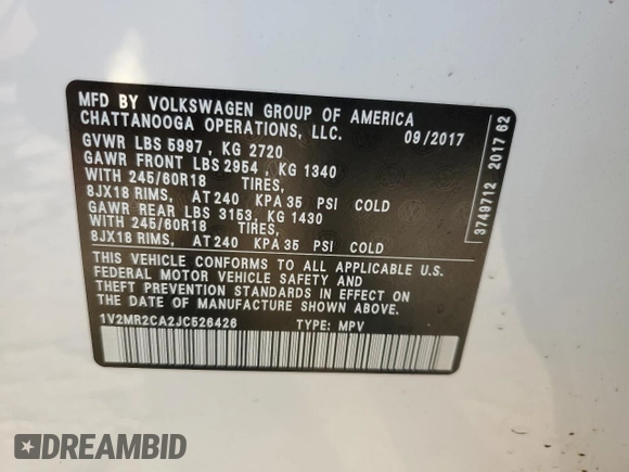 2018 Volkswagen Atlas SEL with VIN 1V2MR2CA2JC526426, listed as a Copart auction lot 48944265 with 102,938 mi miles and Salvage title. Bid and sale history available at DreamBid. Image 15.