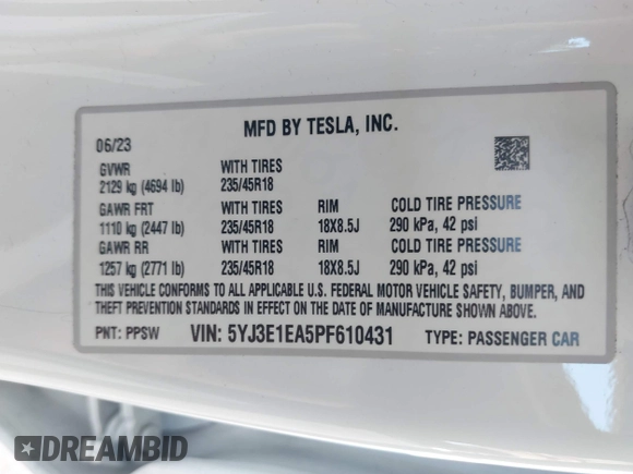 2023 Tesla Model 3 with VIN 5YJ3E1EA5PF610431, listed as a IAAI auction lot 42087181 with 19,777 mi miles and . Bid and sale history available at carsss.com. Image 9.