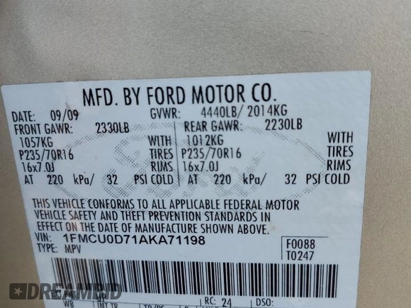 2010 Ford Escape XLT с VIN 1FMCU0D71AKA71198, выставлен на аукционе Copart как лот 48766805 с пробегом 243 732 миль миль и Списание • Salvage title. История ставок и продаж доступна на DreamBid. Изображение 13.