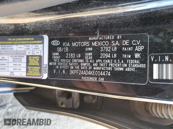2019 Kia Forte LXS with VIN 3KPF24AD4KE014474, listed as a Copart auction lot 57423384 with 138,767 mi miles and Salvage title. Bid and sale history available at DreamBid. Image 12.