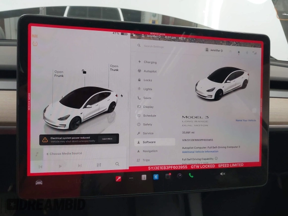 2023 Tesla Model 3 Long Range with VIN 5YJ3E1EB3PF603955, listed as a IAAI auction lot 41915541 with 33,691 mi miles and . Bid and sale history available at DreamBid. Image 18.