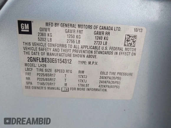 2014 Chevrolet Equinox LT with VIN 2GNFLBE30E6154312, listed as a IAAI auction lot 41372378 with 157,666 mi miles. Bid and sale history available at carsss.com. Image 9.